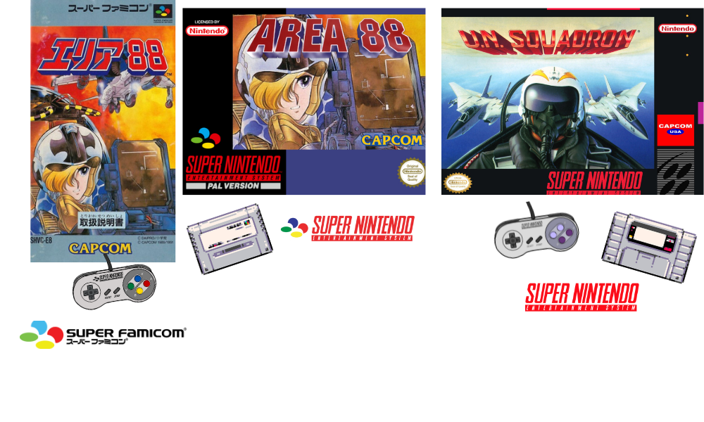 Area 88 Super Famicom, SNES PAL and SNES US version of the game.