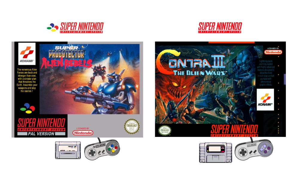 Contra PAL and US The Alien Wars SNES US, Super Probotector Alien Wars PAL and Contra Spirit JP