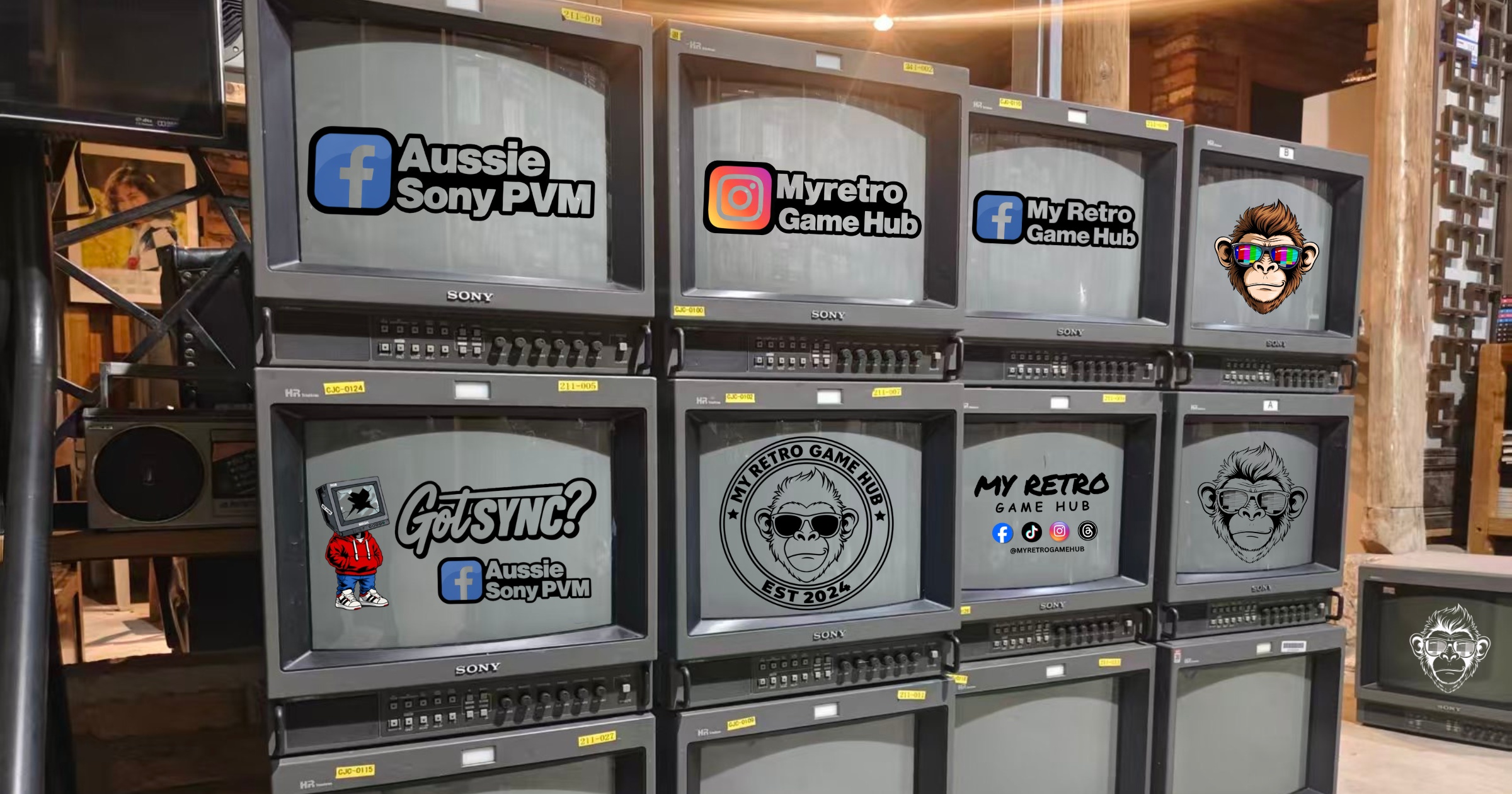 Stack of Sony PVM CRT monitors in Australia with Aussie Sony PVM community branding
