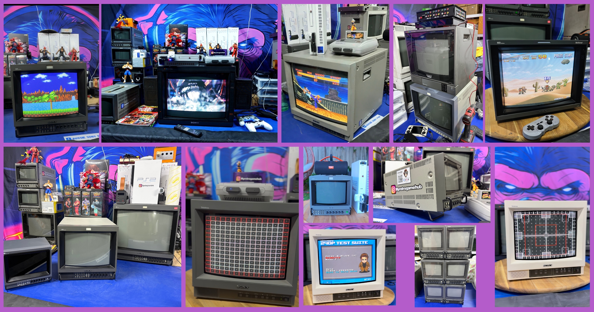 Collage of Sony PVM CRT monitors tested for retro gaming, RGB display and restoration